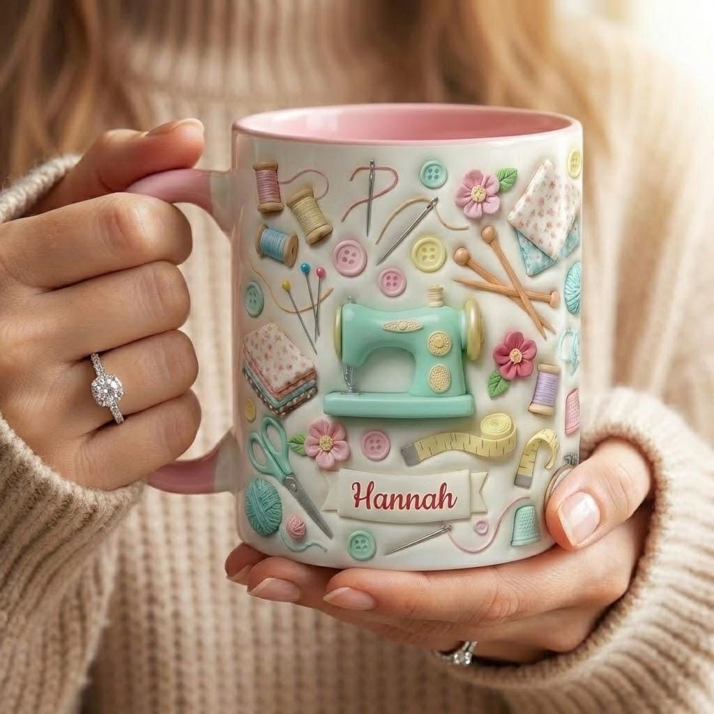 Personalized Sewing Machine Mug, 3D Effect Custom Craft Coffee Mug, Cute Sewing Lover Gift