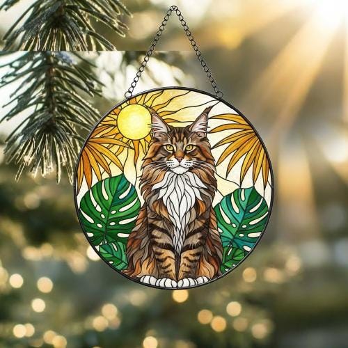 Custom Monstera Maine Coon Cat Glass Suncatcher, Cat Glass Art, Plant Mom Gift, Plant Lover Gift, Gift For Plant Lady, Cat Lover Gift - image 2