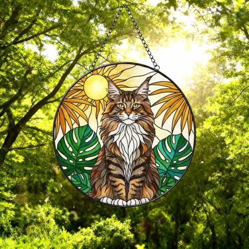 Custom Monstera Maine Coon Cat Glass Suncatcher, Cat Glass Art, Plant Mom Gift, Plant Lover Gift, Gift For Plant Lady, Cat Lover Gift - image 5
