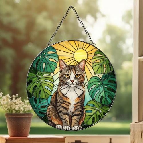 Custom Monstera Domestic Shorthair Cat Glass Suncatcher, Cat Glass Art, Plant Mom Gift, Plant Lover Gift, Gift For Plant Lady,Cat Lover Gift - image 2