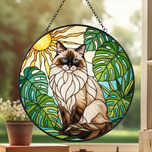 Custom Monstera Ragdoll  Cat Glass Suncatcher, Cat Glass Art, Plant Mom Gift, Plant Lover Gift, Gift For Plant Lady, Cat Lover Gift