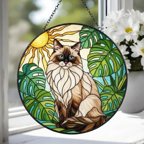 Custom Monstera Ragdoll  Cat Glass Suncatcher, Cat Glass Art, Plant Mom Gift, Plant Lover Gift, Gift For Plant Lady, Cat Lover Gift - image 3