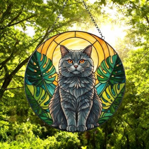 Custom Monstera British Shorthair Cat Glass Suncatcher, Cat Glass Art, Plant Mom Gift, Plant Lover Gift, Gift For Plant Lady, Cat Lover Gift - image 4