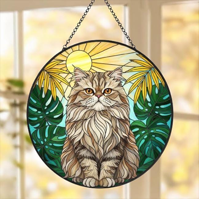 Custom Monstera Persian Cat Glass Suncatcher, Cat Glass Art, Plant Mom Gift, Plant Lover Gift, Gift For Plant Lady, Cat Lover Gift