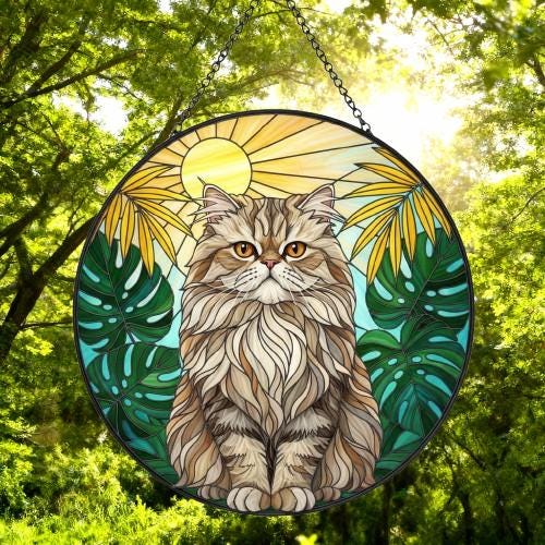 Custom Monstera Persian Cat Glass Suncatcher, Cat Glass Art, Plant Mom Gift, Plant Lover Gift, Gift For Plant Lady, Cat Lover Gift - image 5