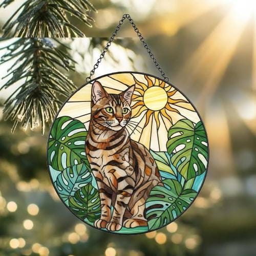 Custom Monstera Bengal Cat Glass Suncatcher, Cat Glass Art, Plant Mom Gift, Plant Lover Gift, Gift For Plant Lady, Cat Lover Gift - image 2