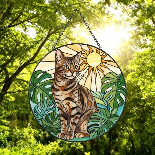 Custom Monstera Bengal Cat Glass Suncatcher, Cat Glass Art, Plant Mom Gift, Plant Lover Gift, Gift For Plant Lady, Cat Lover Gift - image 5