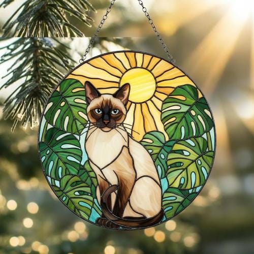 Custom Monstera Siamese Cat Glass Suncatcher, Cat Glass Art, Plant Mom Gift, Plant Lover Gift, Gift For Plant Lady, Cat Lover Gift - image 2