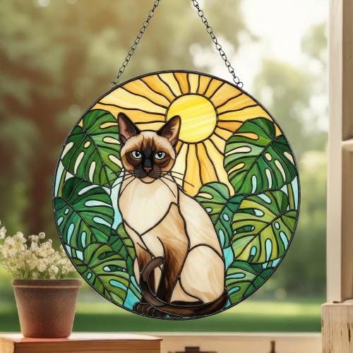 Custom Monstera Siamese Cat Glass Suncatcher, Cat Glass Art, Plant Mom Gift, Plant Lover Gift, Gift For Plant Lady, Cat Lover Gift - image 3