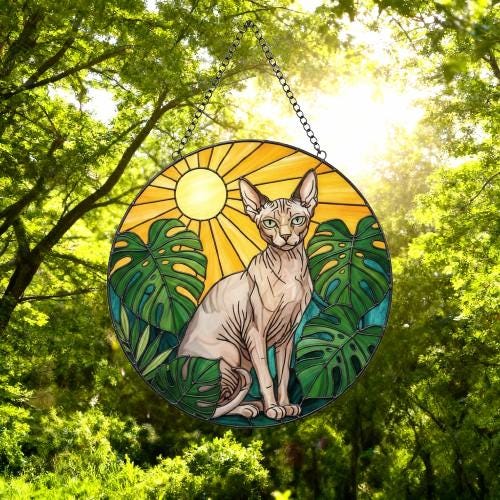 Custom Monstera Sphynx Cat Glass Suncatcher, Cat Glass Art, Plant Mom Gift, Plant Lover Gift, Gift For Plant Lady, Cat Lover Gift - image 5