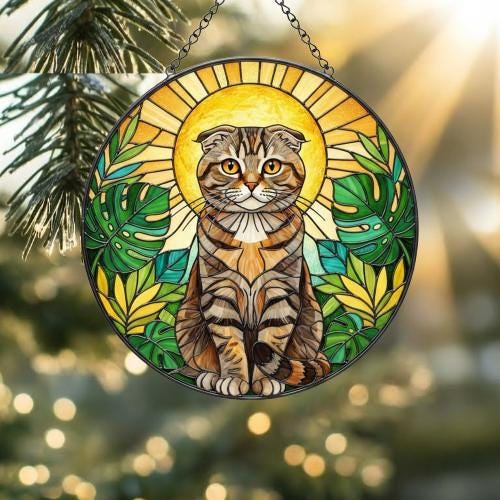 Custom Monstera Scottish Fold Cat Glass Suncatcher, Cat Glass Art, Plant Mom Gift, Plant Lover Gift, Gift For Plant Lady, Cat Lover Gift - image 2