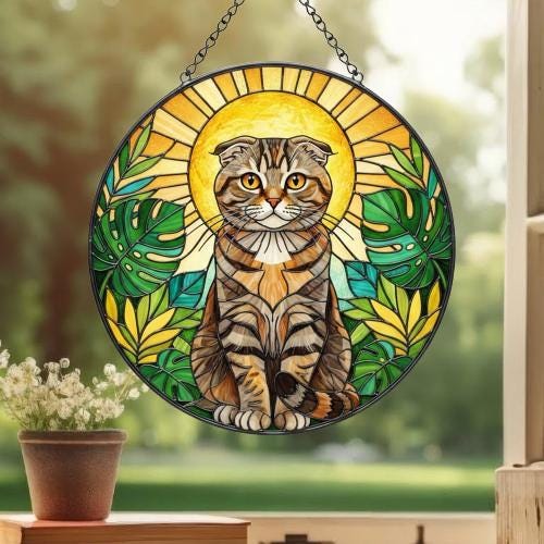 Custom Monstera Scottish Fold Cat Glass Suncatcher, Cat Glass Art, Plant Mom Gift, Plant Lover Gift, Gift For Plant Lady, Cat Lover Gift - image 3