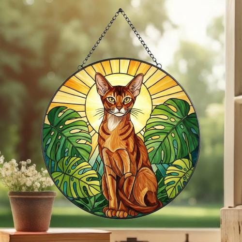 Custom Monstera Abyssinian Cat Glass Suncatcher, Cat Glass Art, Plant Mom Gift, Plant Lover Gift, Gift For Plant Lady, Cat Lover Gift - image 3