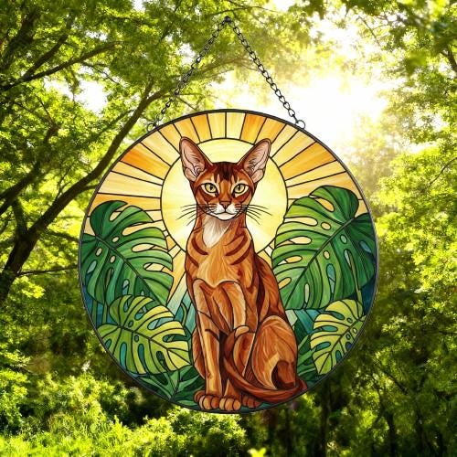 Custom Monstera Abyssinian Cat Glass Suncatcher, Cat Glass Art, Plant Mom Gift, Plant Lover Gift, Gift For Plant Lady, Cat Lover Gift - image 5