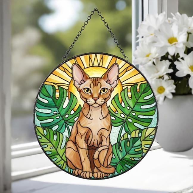Custom Monstera Devon Rex Cat Glass Suncatcher, Cat Glass Art, Plant Mom Gift, Plant Lover Gift, Gift For Plant Lady, Cat Lover Gift