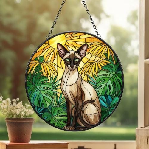 Custom Monstera Oriental Shorthair  Cat Glass Suncatcher, Cat Glass Art,Plant Mom Gift, Plant Lover Gift, Gift For Plant Lady,Cat Lover Gift - image 3