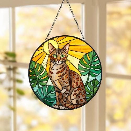 Custom Monstera Egyptian Mau Cat Glass Suncatcher, Cat Glass Art, Plant Mom Gift, Plant Lover Gift, Gift For Plant Lady, Cat Lover Gift - image 5