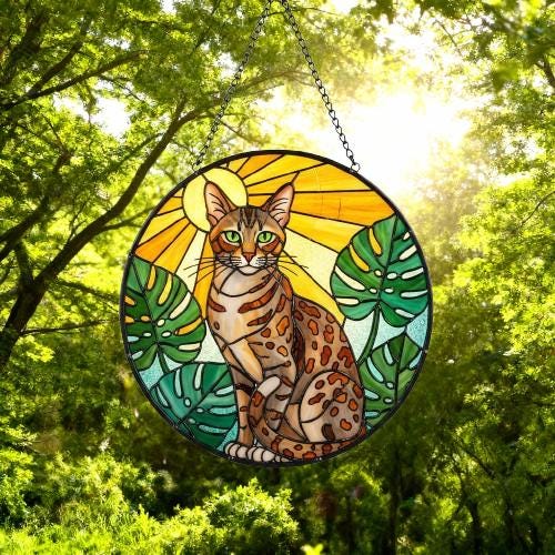 Custom Monstera Egyptian Mau Cat Glass Suncatcher, Cat Glass Art, Plant Mom Gift, Plant Lover Gift, Gift For Plant Lady, Cat Lover Gift - image 4