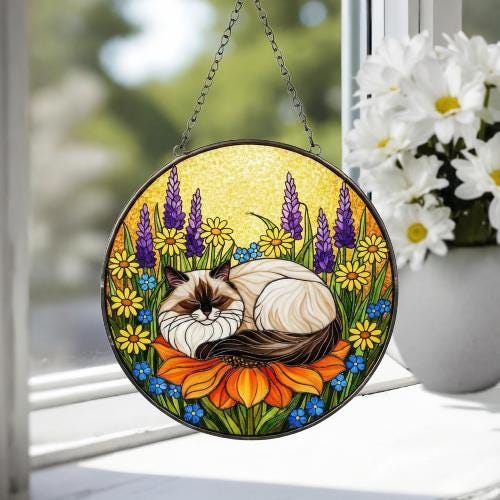 Custom Ragdoll  cat Stained Glass Suncatcher, Sleeping Cat Window Decor, Cat Lover Gift, Floral Glass Art Panel, Handmade Pet Memorial Gift - image 4