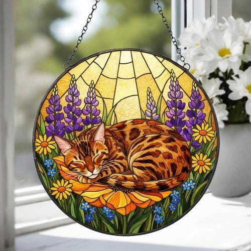 Custom Bengal  cat Stained Glass Suncatcher, Sleeping Cat Window Decor, Cat Lover Gift, Floral Glass Art Panel, Handmade Pet Memorial Gift - image 4
