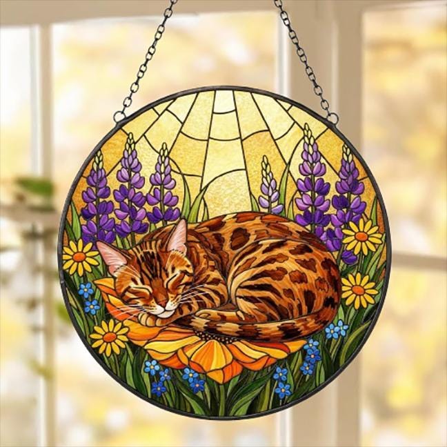 Custom Bengal  cat Stained Glass Suncatcher, Sleeping Cat Window Decor, Cat Lover Gift, Floral Glass Art Panel, Handmade Pet Memorial Gift