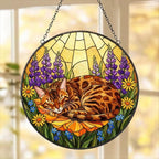 Custom Bengal  cat Stained Glass Suncatcher, Sleeping Cat Window Decor, Cat Lover Gift, Floral Glass Art Panel, Handmade Pet Memorial Gift