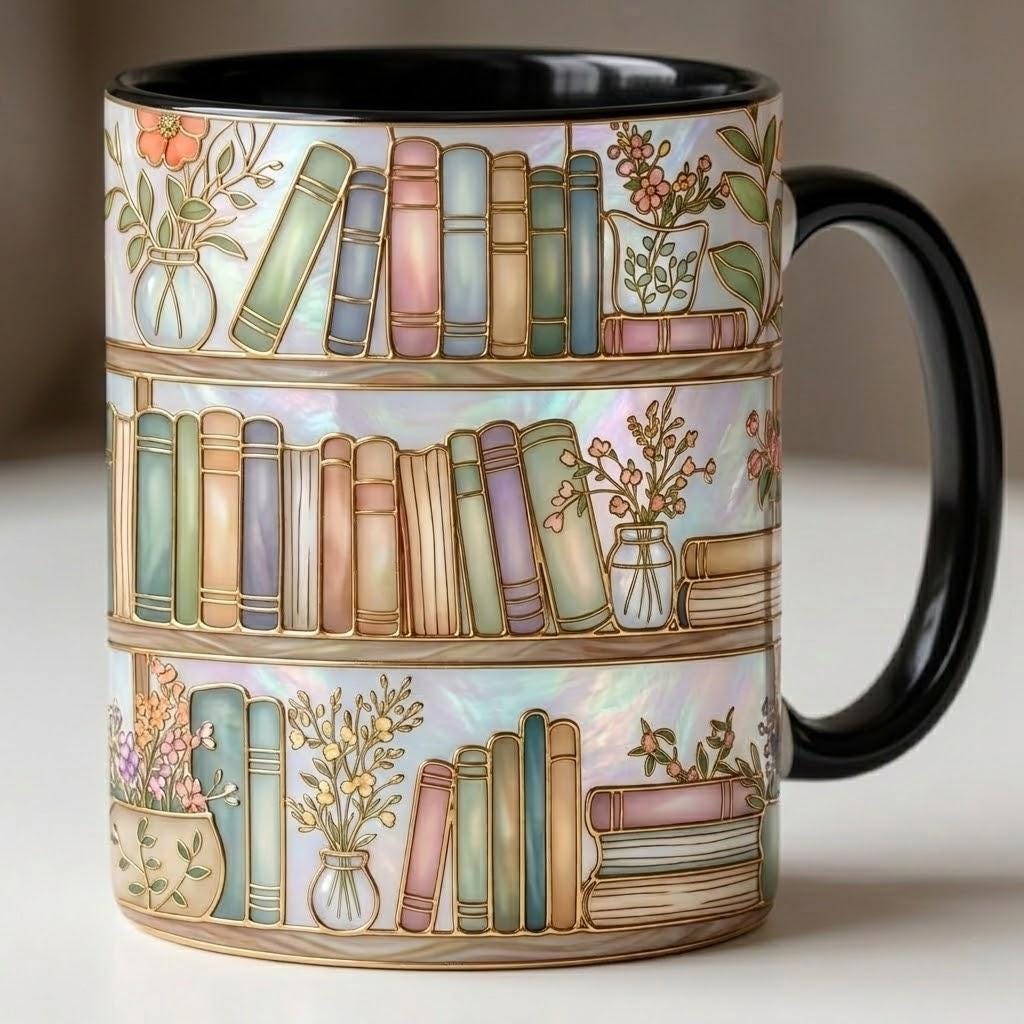 Custom Name Floral Bookshelf Faux Stained-Glass Style Mug, 2D Flat Book Lover Gift, Bookish Mug - image 7