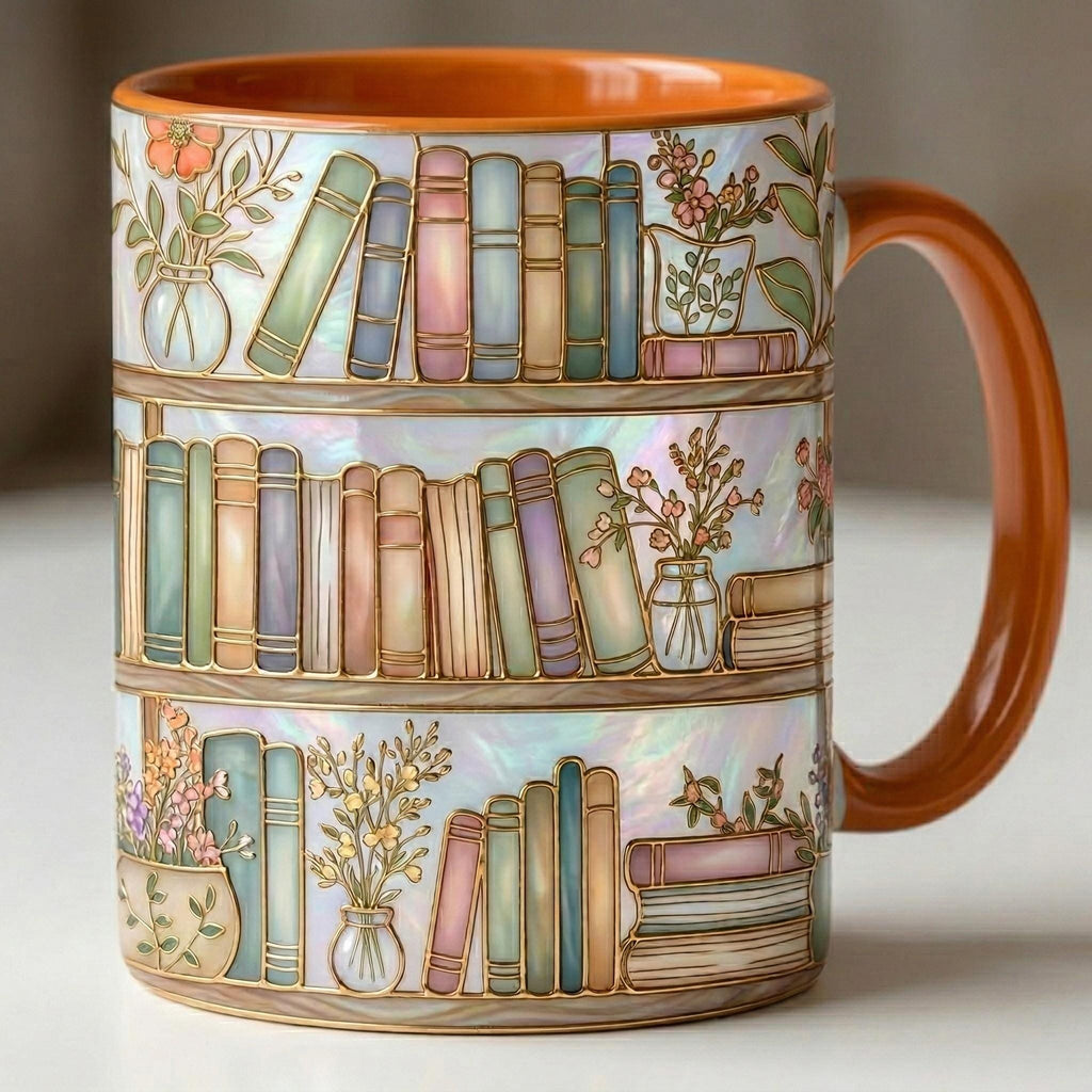 Custom Name Floral Bookshelf Faux Stained-Glass Style Mug, 2D Flat Book Lover Gift, Bookish Mug - image 3