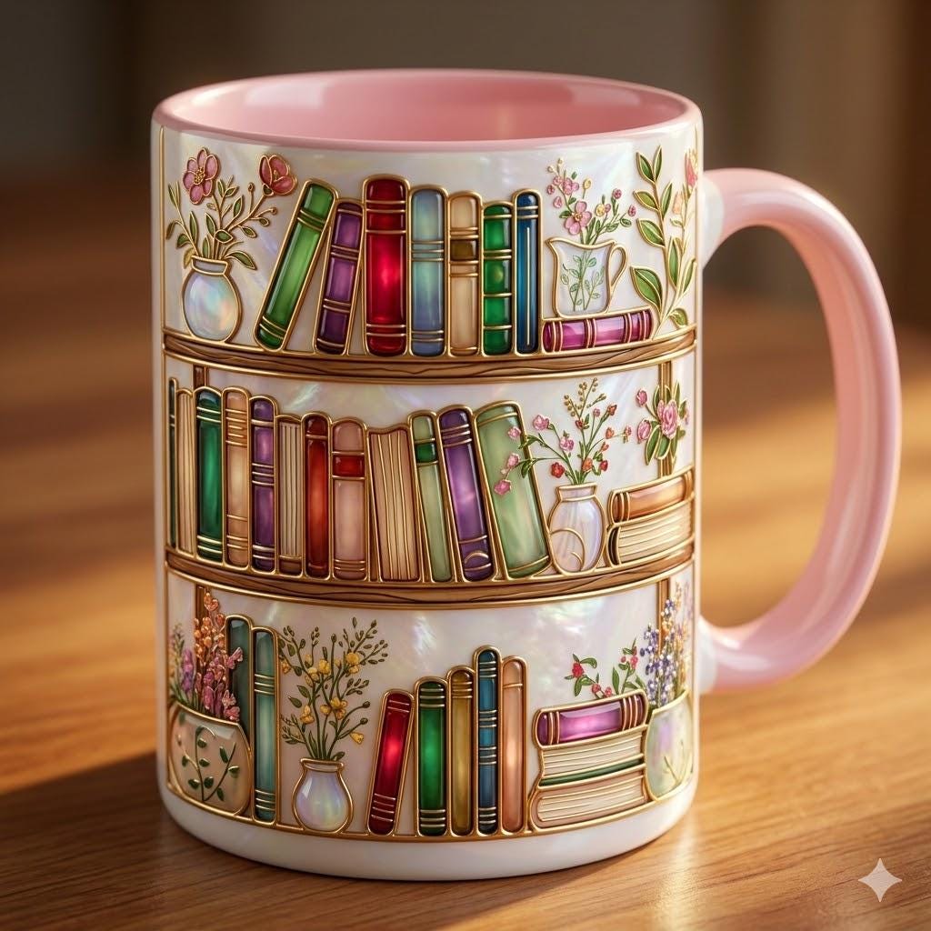 Personalized Floral Book Mug, Faux Stained-Glass Style Mug, Book Lover Gift, 2D Flat Ceramic Mug
