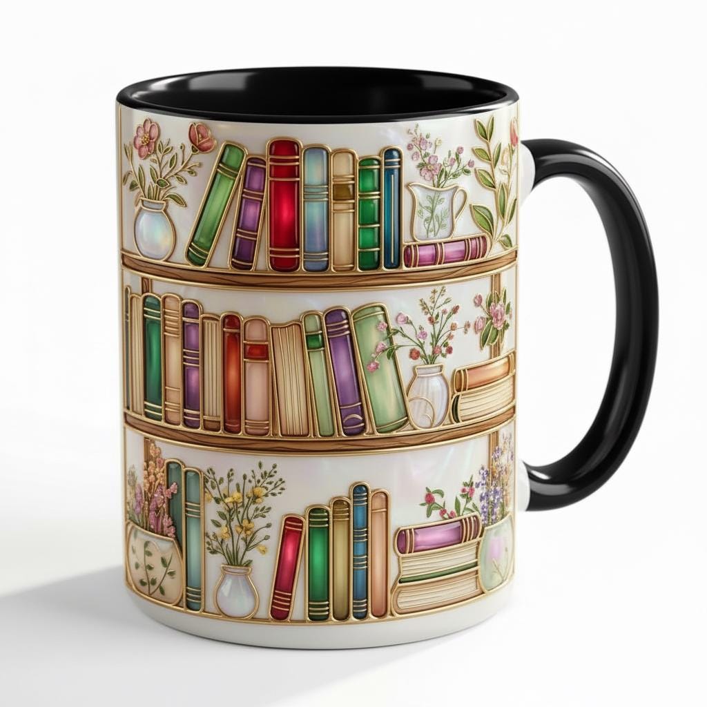 Personalized Floral Book Mug, Faux Stained-Glass Style Mug, Book Lover Gift, 2D Flat Ceramic Mug - image 3