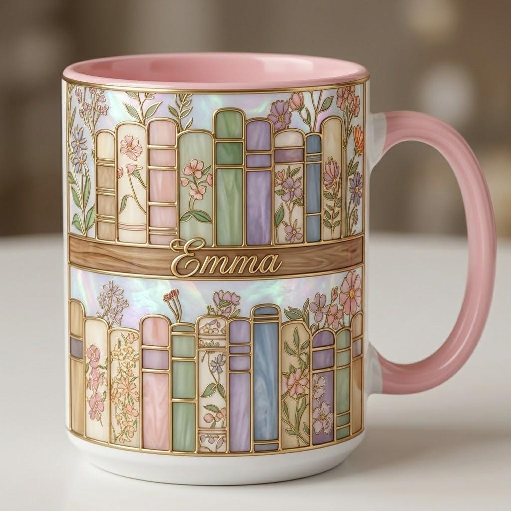 Personalized Floral Book Faux Stained-Glass Style Mug, 2D Flat Book Lover Gift, Bookish Mug