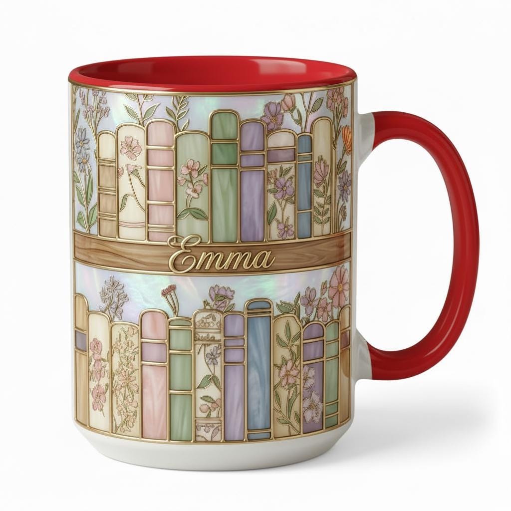 Personalized Floral Book Faux Stained-Glass Style Mug, 2D Flat Book Lover Gift, Bookish Mug - image 2