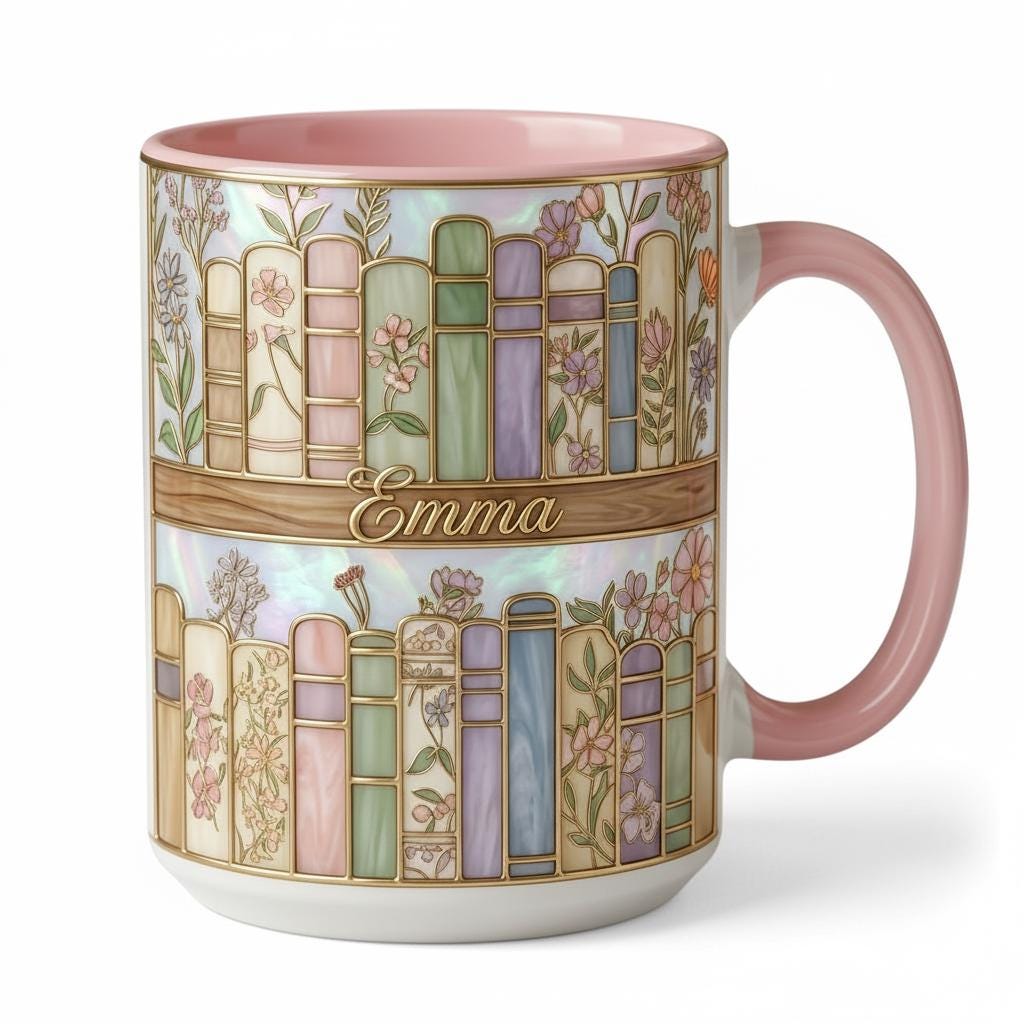 Personalized Floral Book Faux Stained-Glass Style Mug, 2D Flat Book Lover Gift, Bookish Mug - image 7