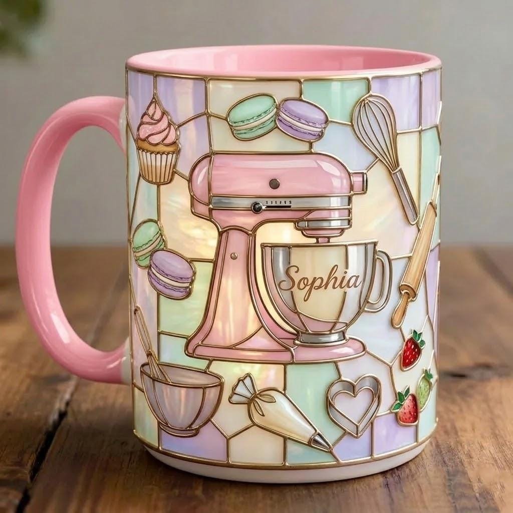 Personalized Baker Mug, Faux Stain-Glass Effect Baking Tools Design, Kitchen Gift