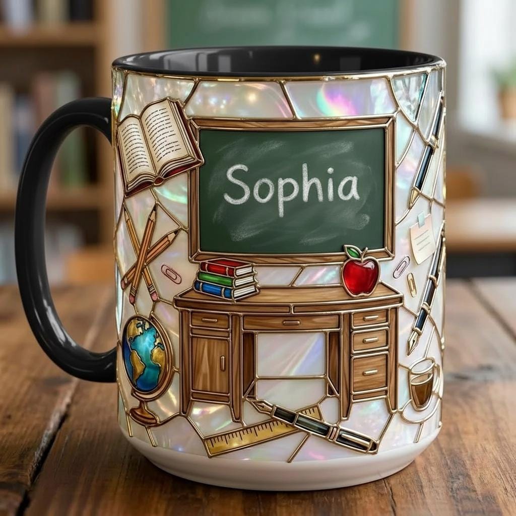 Personalized Teacher Mug, 2D Flat Teacher Gift, Faux Stained-Glass Style - image 4