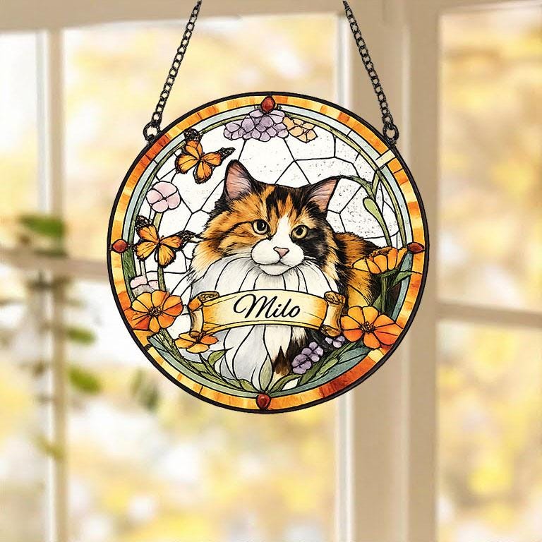 Custom Cat Portrait Stained Glass Suncatcher, Stained Glass pet Memorial, Custom cat Portrait from Photo, pet loss gifts , Stained glass cat - image 2