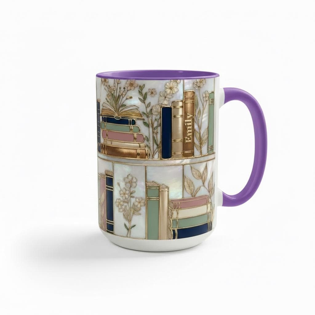 Personalized Floral Bookshelf Coffee Mug, Faux Stained Glass Style Ceramic Mug Book Lover gift - image 3
