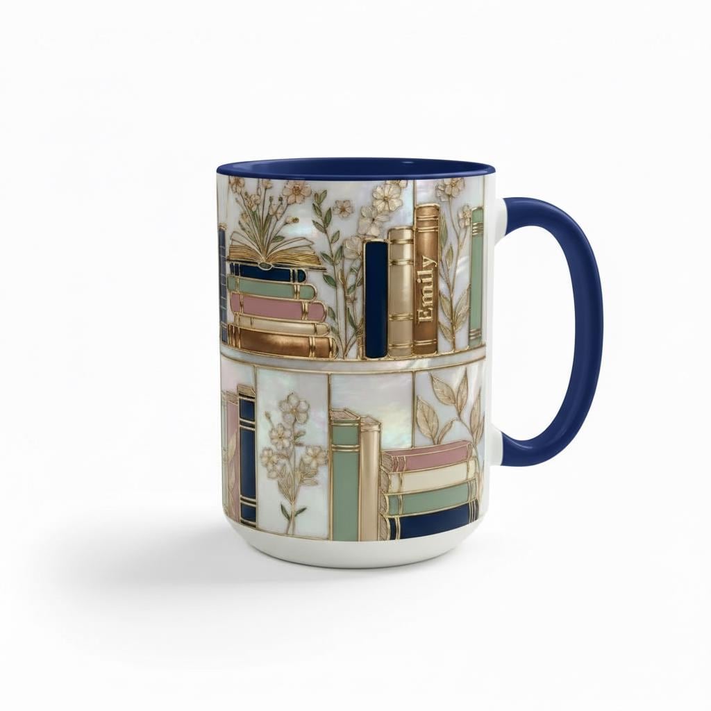 Personalized Floral Bookshelf Coffee Mug, Faux Stained Glass Style Ceramic Mug Book Lover gift - image 5
