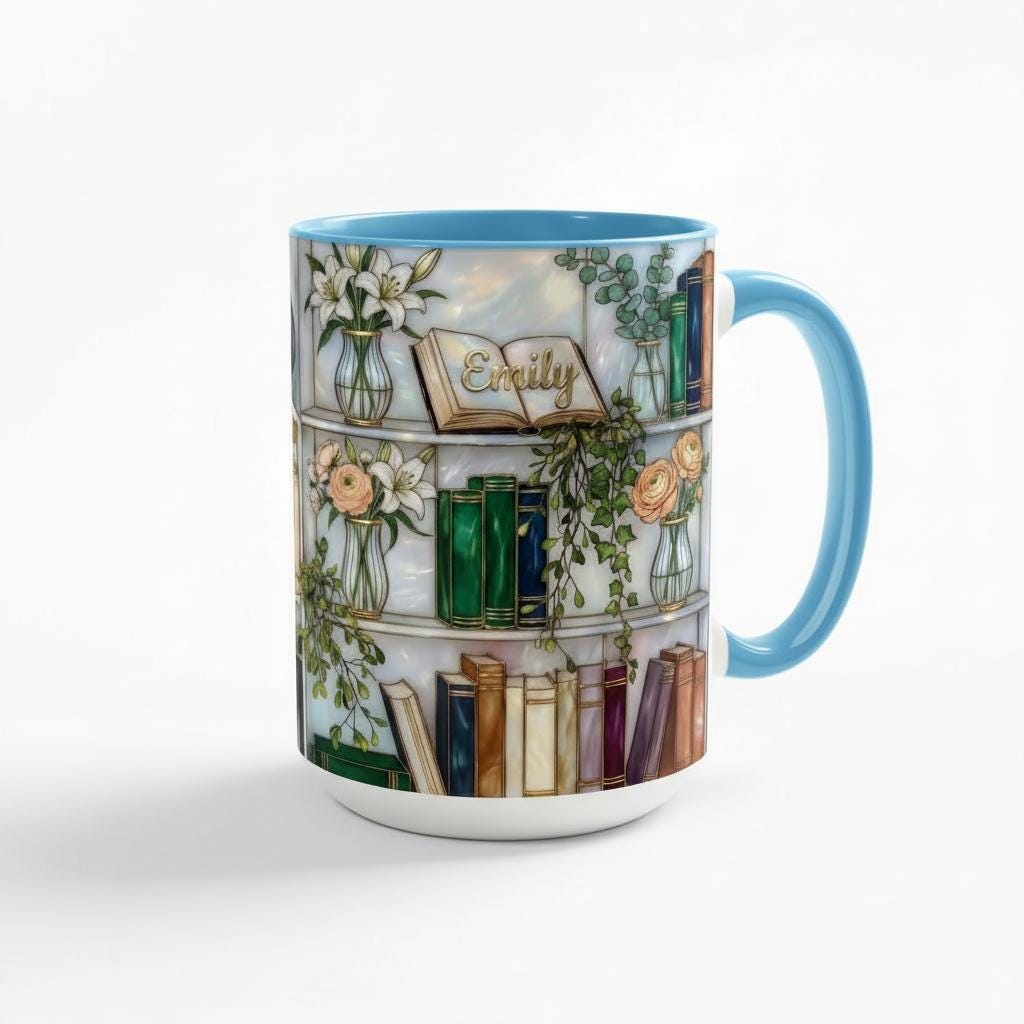 Personalized Floral Bookshelf Faux Stained Glass Style Mug, Ceramic Mug Book Lover gift - image 2