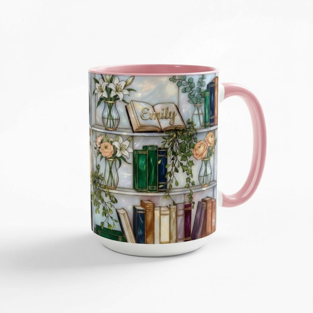 Personalized Floral Bookshelf Faux Stained Glass Style Mug, Ceramic Mug Book Lover gift - image 3