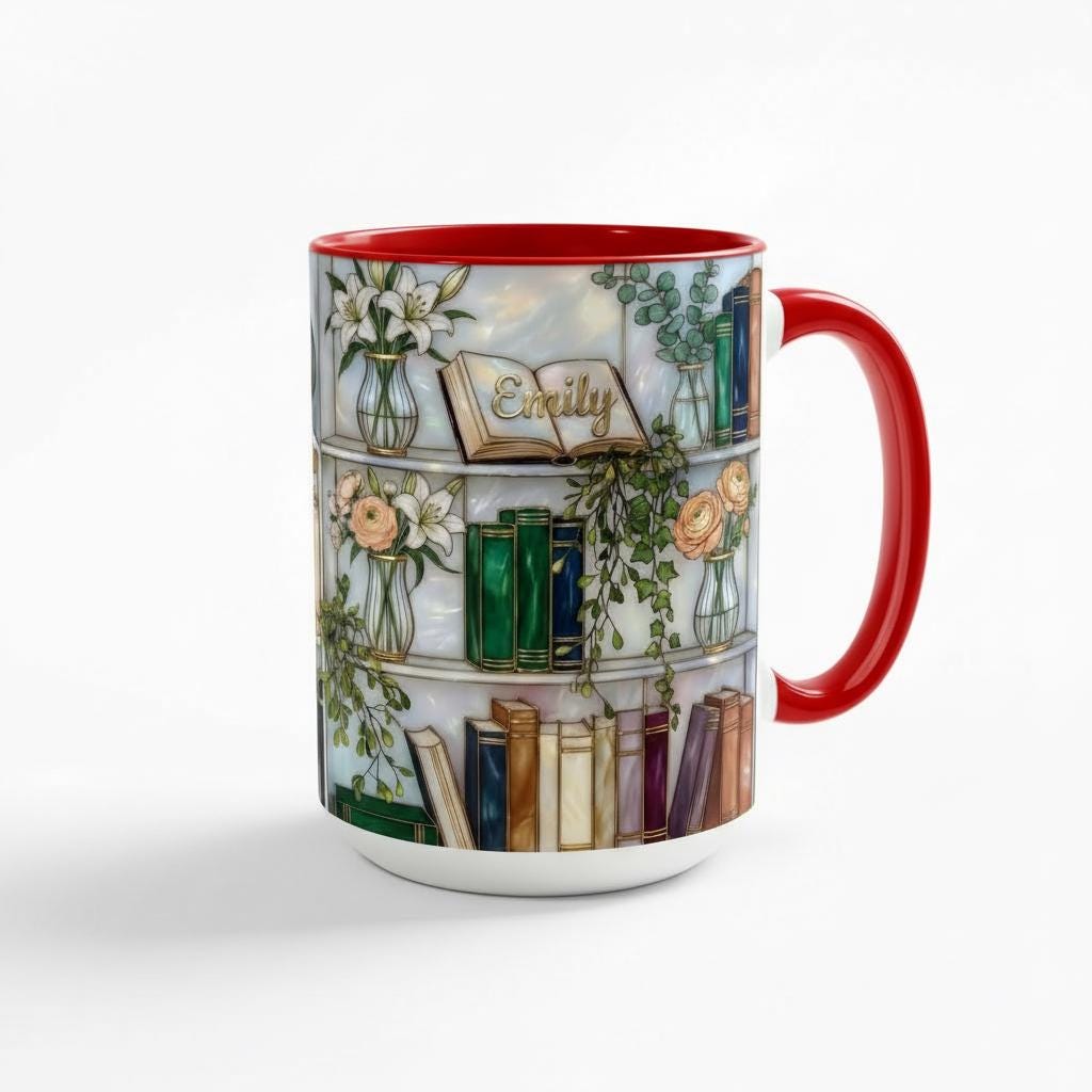 Personalized Floral Bookshelf Faux Stained Glass Style Mug, Ceramic Mug Book Lover gift - image 4