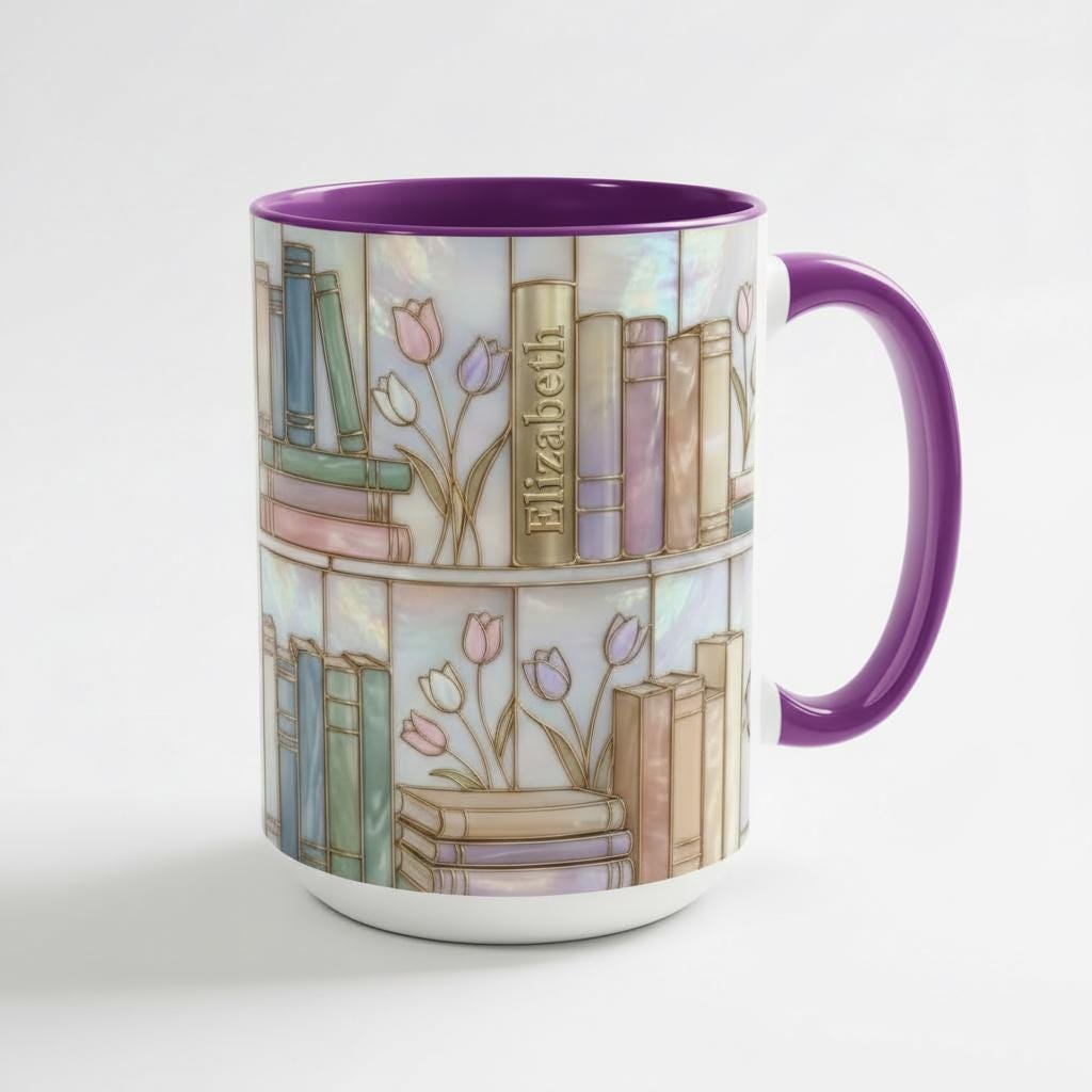 Custom Name Floral Bookshelf Faux Stained Glass Style Mug, Ceramic Mug Book Lover gift - image 3