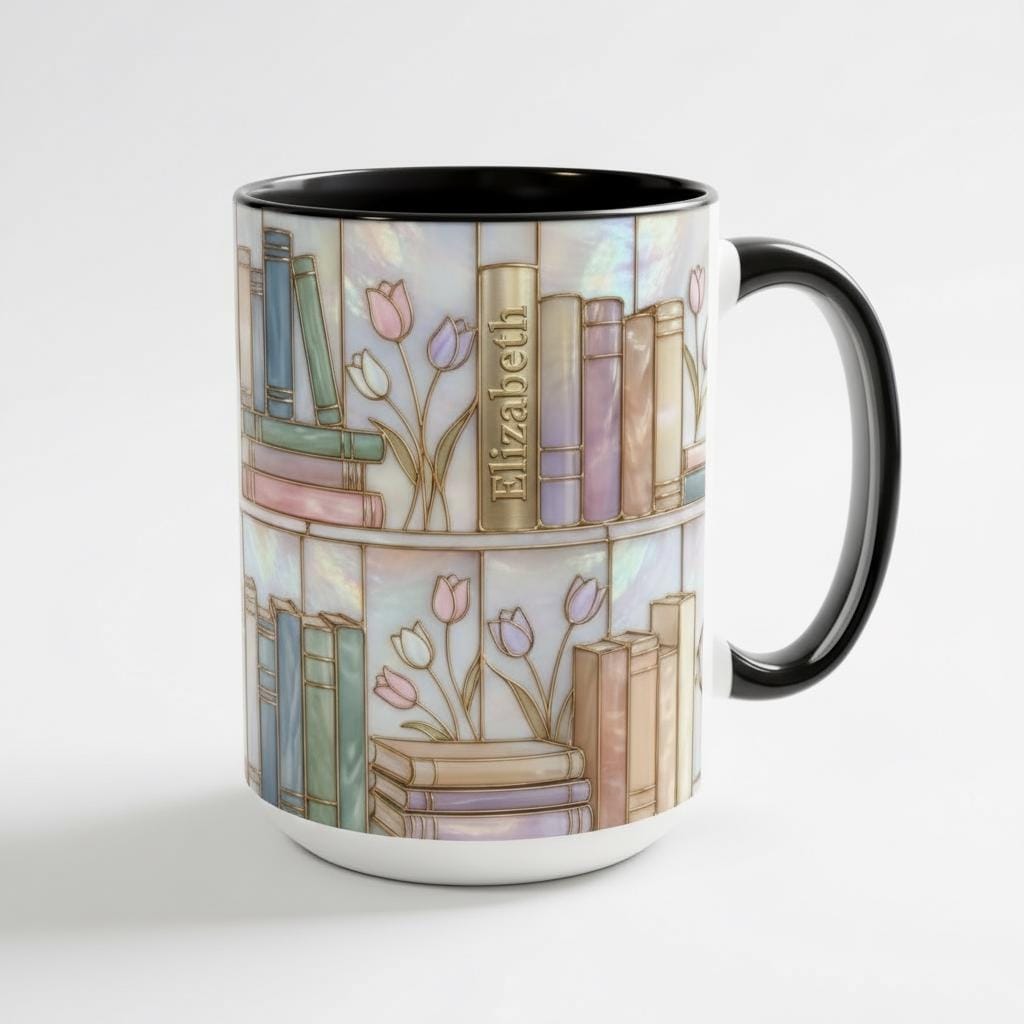 Custom Name Floral Bookshelf Faux Stained Glass Style Mug, Ceramic Mug Book Lover gift - image 6