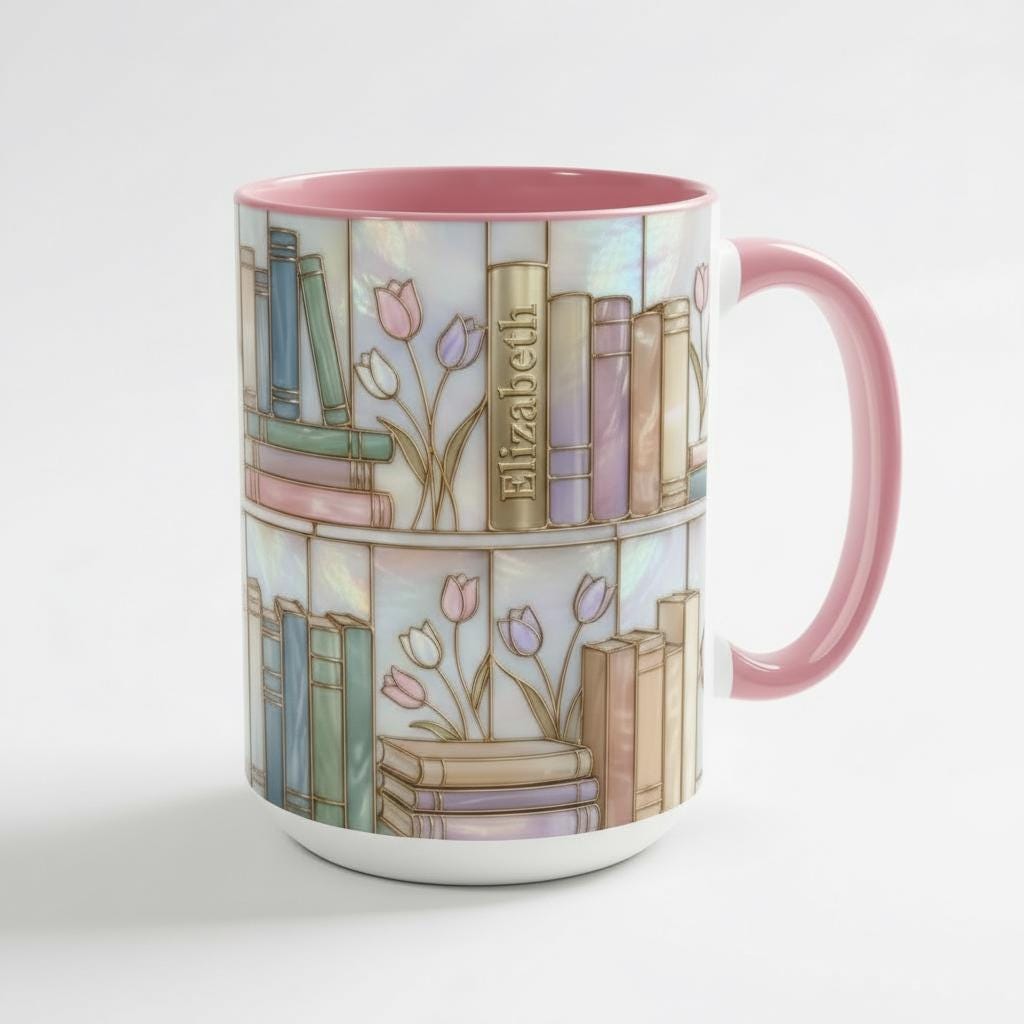 Custom Name Floral Bookshelf Faux Stained Glass Style Mug, Ceramic Mug Book Lover gift - image 2