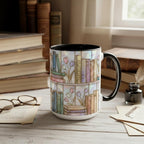 Custom Name Floral Bookshelf Faux Stained Glass Style Mug, Ceramic Mug Book Lover gift