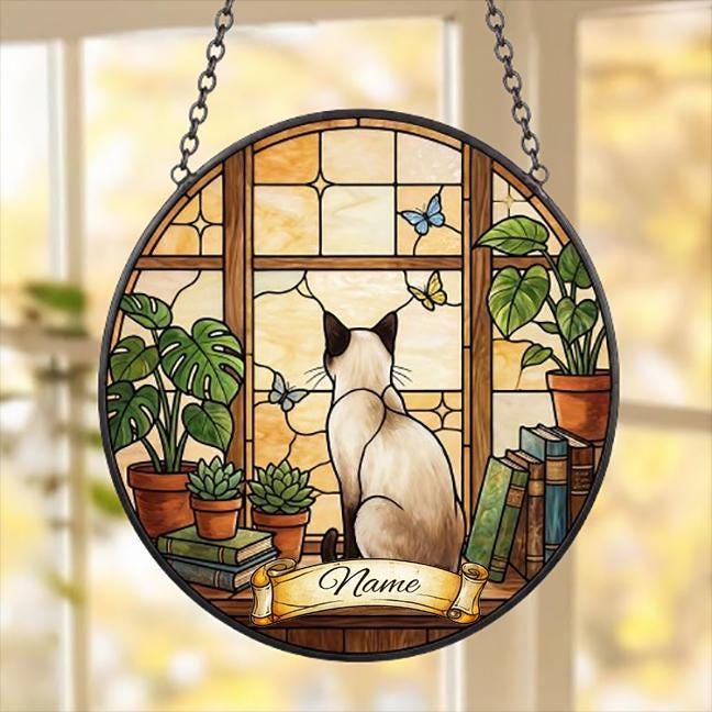 Custom Siamese  Cat And Book Glass Suncatcher , Book Window Decor, Cat Lover Gift, Book Lover Gift
