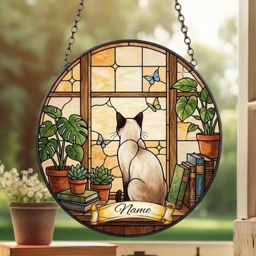 Custom Siamese  Cat And Book Glass Suncatcher , Book Window Decor, Cat Lover Gift, Book Lover Gift - image 4