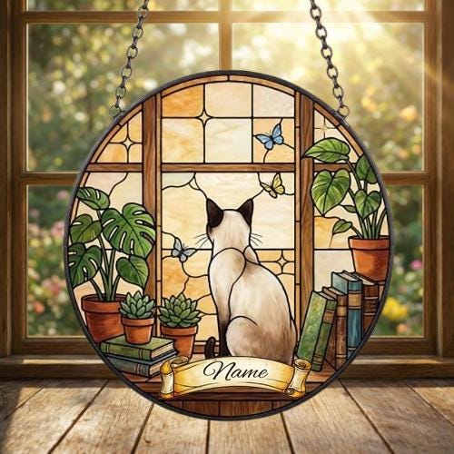 Custom Siamese  Cat And Book Glass Suncatcher , Book Window Decor, Cat Lover Gift, Book Lover Gift - image 2