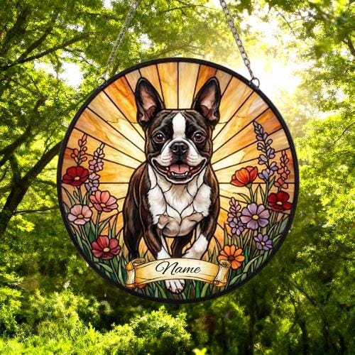 Custom Boston Terrier  Wildflowers Glass Suncatcher: Dog Mom Window Decor - image 6