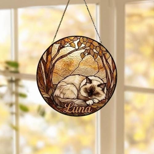 Custom Ragdoll Cat Sleeping Stained Glass Suncatcher: Cat Lover Gift - image 5